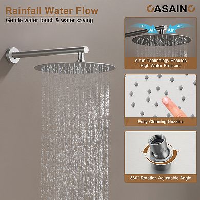 Casainc 12inch 3 Function Luxury Thermostatic Shower System Rainfall With 6-jet