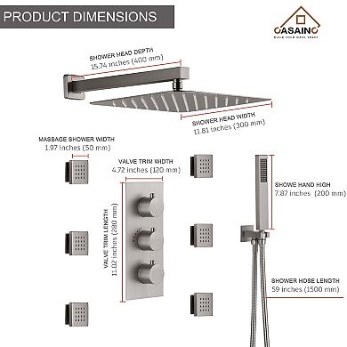 12" Wall Mounted 3 Way Thermostatic Luxury Shower System Set