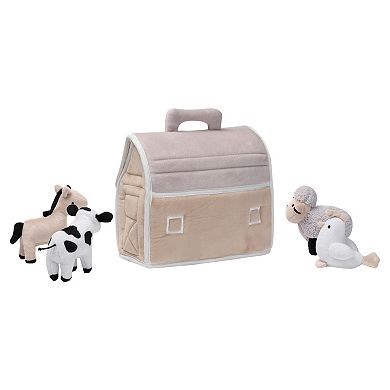 Lambs & Ivy Baby Farm Plush Barn With 4 Stuffed Animals Toy - Taupe/gray/white