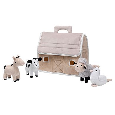 Lambs & Ivy Baby Farm Plush Barn With 4 Stuffed Animals Toy - Taupe/gray/white