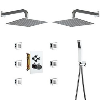 12" Dual Heads Shower System Rain Shower Head With 4 Way Thermostatic Faucet