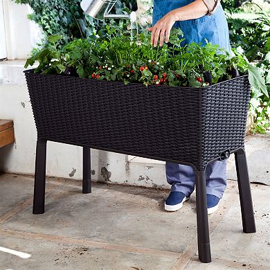Modern Dark Brown Resin Wicker Raised Garden Bed Planter With Water Indicator