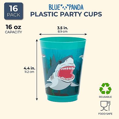 16x Plastic 16 Oz Party Cups Shark Theme Reusable Tumblers For Kids Birthday