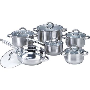 12 pc Stainless Steel Cookware Set With Casseroles Frying Pan And Saucepan