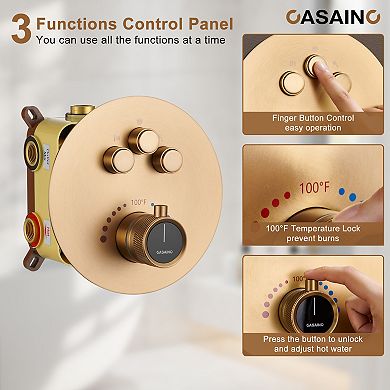 Casainc 12inch 3 Function Luxury Thermostatic Shower System Rainfall With 6-jet