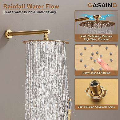 Casainc 12inch 3 Function Luxury Thermostatic Shower System Rainfall With 6-jet