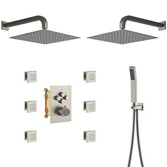 12" Dual Heads Shower System Rain Shower Head With 4 Way Thermostatic Faucet