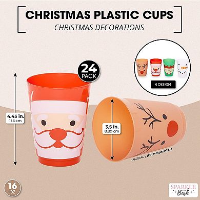 24 Pk Plastic Christmas Cups For Kids, 16oz Reusable Tumblers, 4 Festive Designs