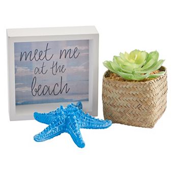 Studio 66 "Meet Me At The Beach" Box Art, Artificial Succulent & Starfish Table Decor 3 pc Set