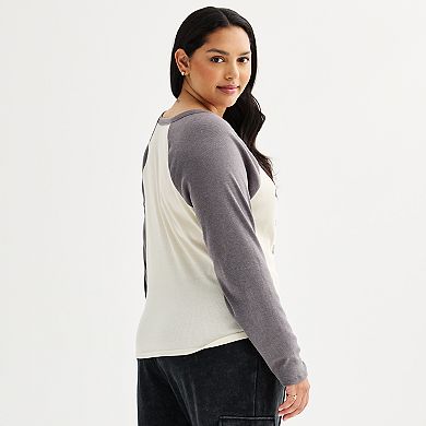 Juniors' Plus Size Pink Rose Rib Long Sleeve Tee