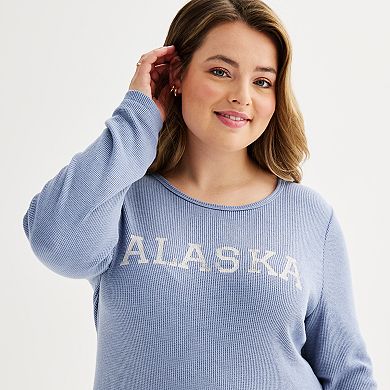 Juniors' Plus Size Pink Rose Waffle Thermal Rib Long Sleeve Tee