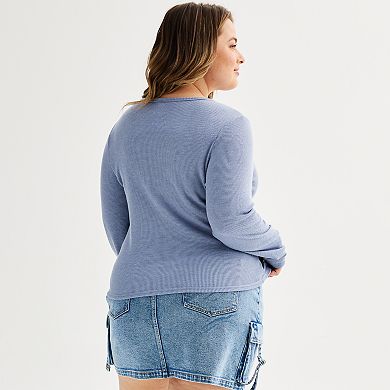 Juniors' Plus Size Pink Rose Waffle Thermal Rib Long Sleeve Tee