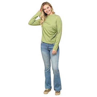 Solid And Cozy Soft Knit Mock Neck Top With Side Ruched Detail