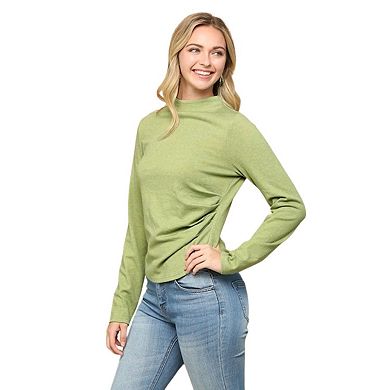 Solid And Cozy Soft Knit Mock Neck Top With Side Ruched Detail