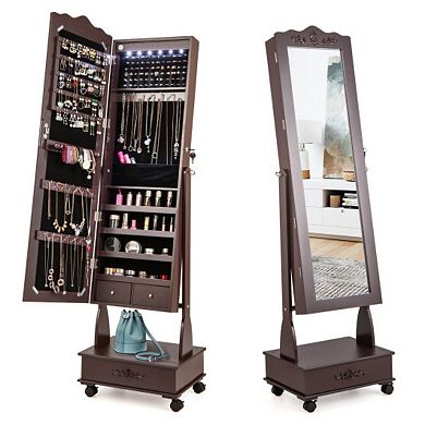 Rolling Floor Standing Mirrored Jewelry Armoire With Lock And Drawers
