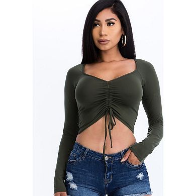 Ruched Drawstring Long Sleeve Crop Top