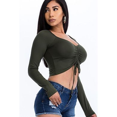 Ruched Drawstring Long Sleeve Crop Top