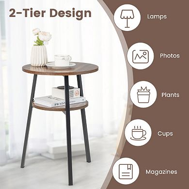 2-tier Round End Table With Open Shelf And Triangular Metal Frame