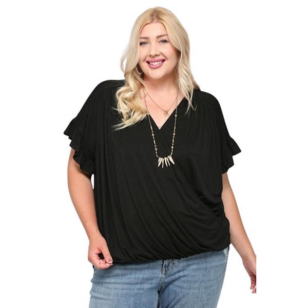 Solid Viscose Knit Surplice Top With Ruffle Sleeve