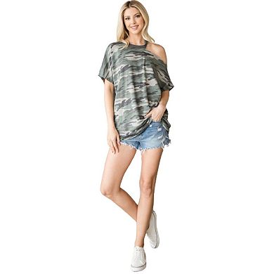 Asymmetric Neck Contrast Trim Camo Print Top