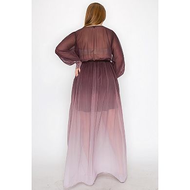 Ombre Chiffon Wrap Front Long Sleeve Tie Waist Slit Front Maxi Dress