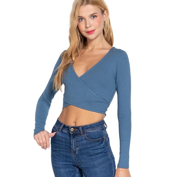 Solid Viscose Knit Surplice Top With Ruffle Sleeve