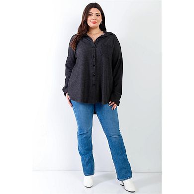 Plus Black Ribbed Collared Button Up Shirt Top