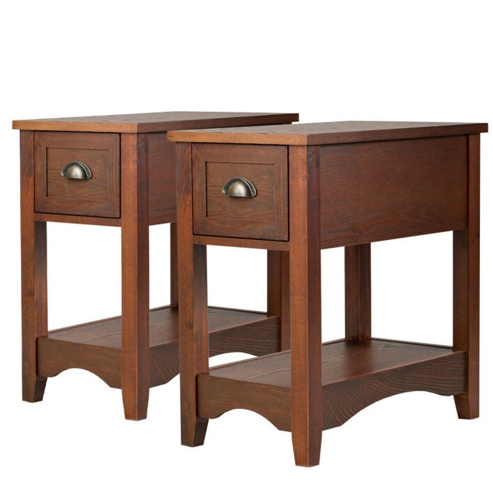 2 Pieces Retro Narrow Tiered End Table With Drawer And Storing Shelf