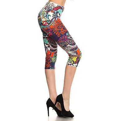 Multi-color Ornate Print Cropped Length Fitted Leggings With High Elastic Waist.