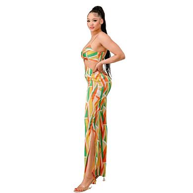 Luxe Geo Print Satin Bra Top And Palazzo Jumpsuit