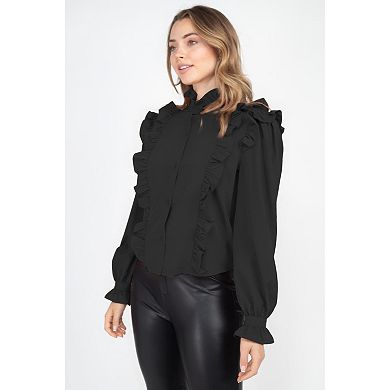 Mock Neck Ruffled Buttoned Top