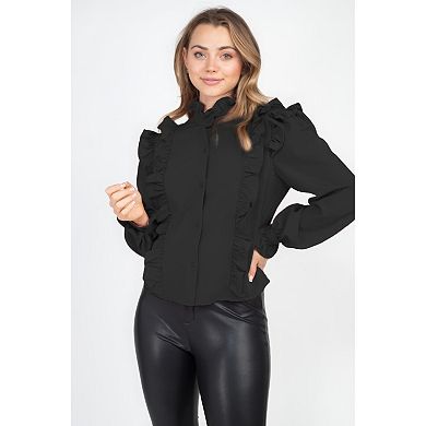 Mock Neck Ruffled Buttoned Top