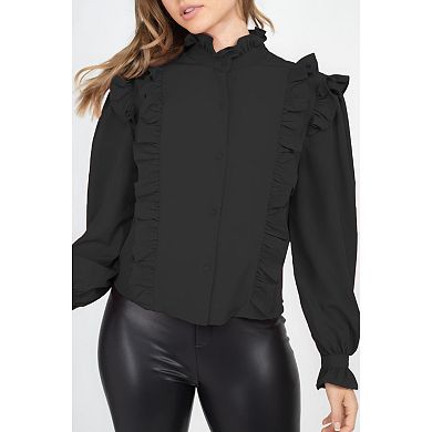 Mock Neck Ruffled Buttoned Top