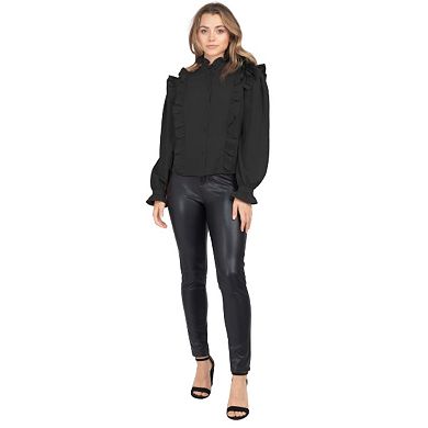Mock Neck Ruffled Buttoned Top