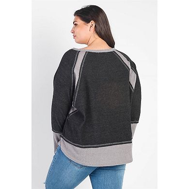 Plus Charcoal & Grey Colorblock Waffle Knit Long Sleeve Top