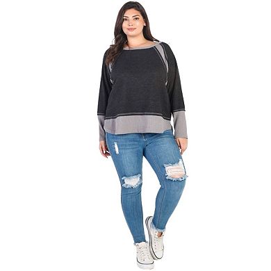 Plus Charcoal & Grey Colorblock Waffle Knit Long Sleeve Top
