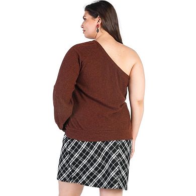 Plus Brown Ribbed Textured One Shoulder Top
