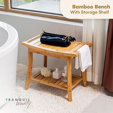 Bamboo Shower Bench With Storage Shelf - Wooden Bathroom Stool - Wood Bath Chair For Sitting