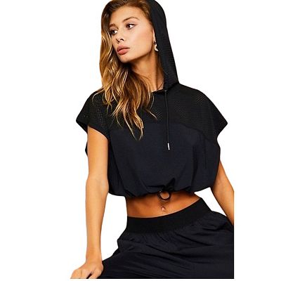 Hoodie Waist Adjustable Contrast Mesh Crop Top