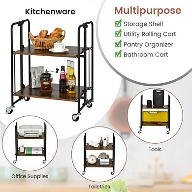 Foldable Rolling Cart With Storage Shelves For Kitchen - 2 Tier