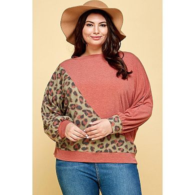 Plus Size Cute Animal French Terry Brush Contrast Print Pullover