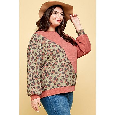 Plus Size Cute Animal French Terry Brush Contrast Print Pullover