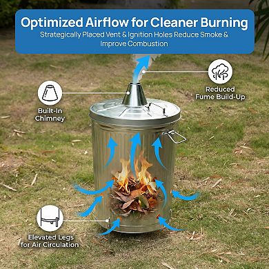 Silver and Outdoor Galvanized Metal Garden Incinerator Can, for Yard, Home, Patio, and Backyard