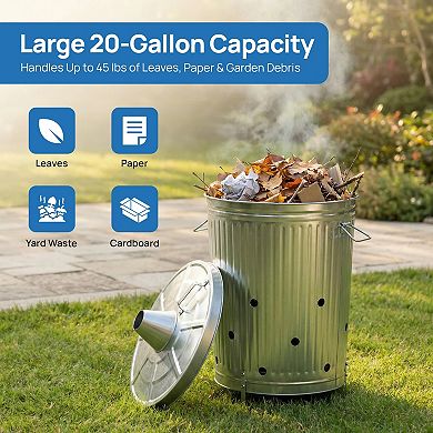Silver and Outdoor Galvanized Metal Garden Incinerator Can, for Yard, Home, Patio, and Backyard