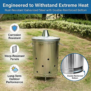 Silver and Outdoor Galvanized Metal Garden Incinerator Can, for Yard, Home, Patio, and Backyard