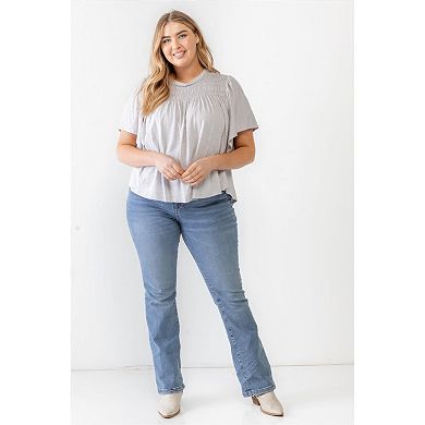 Plus Grey Cotton Blend Smoked Short Sleeve Top