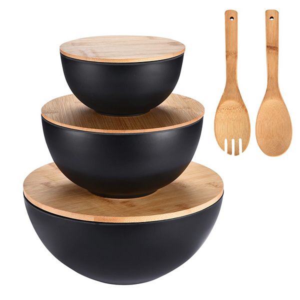 Bamboo Fiber Salad Bowls With Wooden Lids Multipurpose Bowl & Board