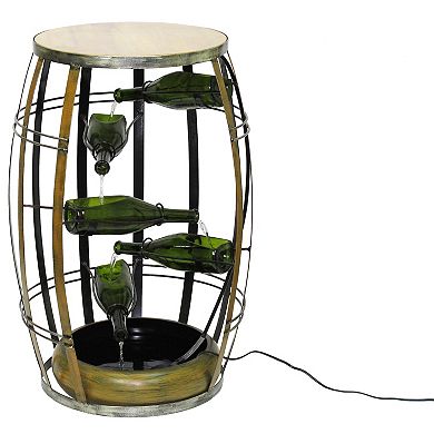 Metal Barrel Design Cascading Waterfall Floor Water Fountain with Tiering Wine Bottles Yard