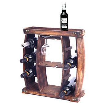 Rustic Wooden Wine Rack with Glass Holder, 8 Bottle Decorative Wine Holder