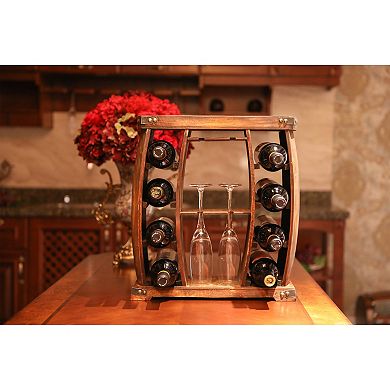 Rustic Wooden Wine Rack with Glass Holder, 8 Bottle Decorative Wine Holder